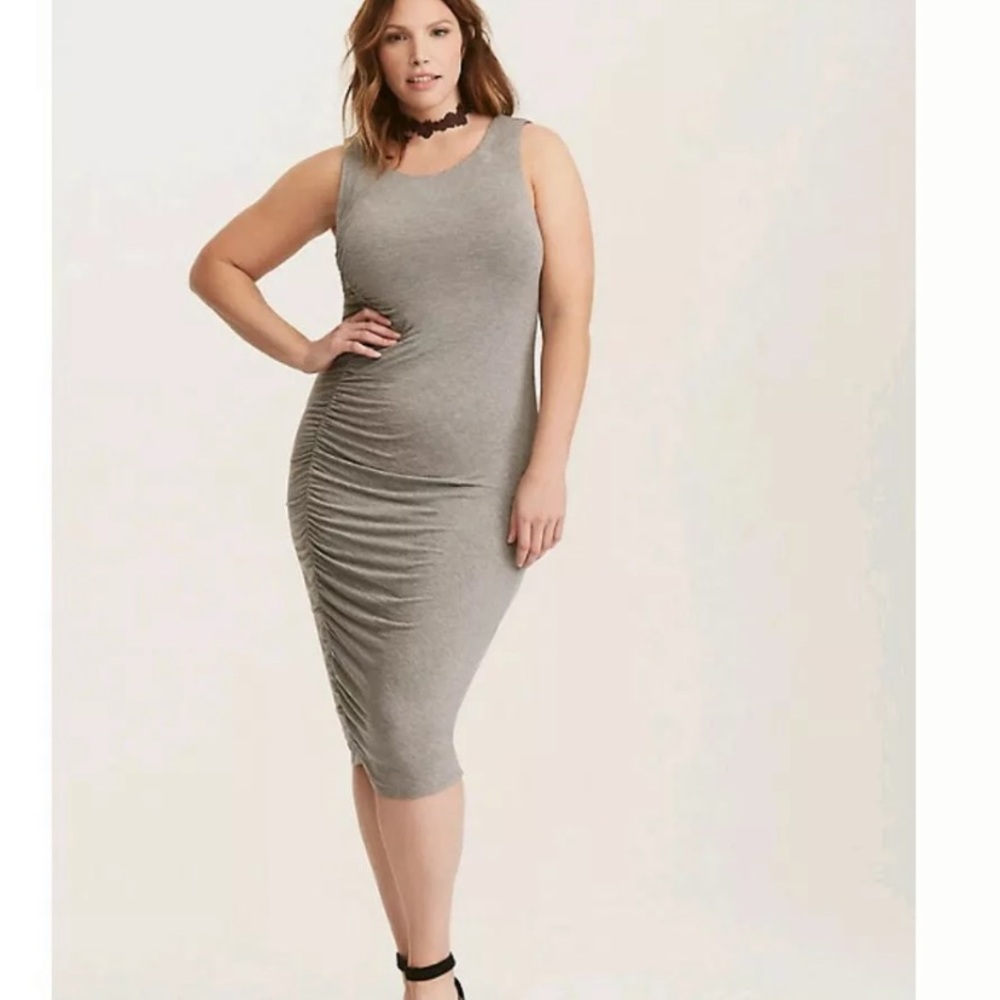 torrid Gray Sleeveless Ruched Bodycon Midi Dress